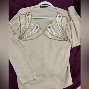 Elegant Beige Sequin Embellished Women's Top